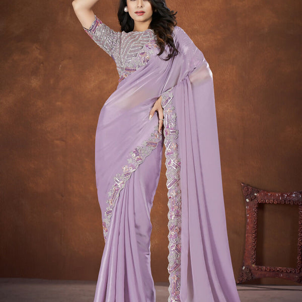 Lavendar Crepe Satin Silk Embroidered Saree with stitched Blouse - Mohmanthan Saha Saki - Distacart