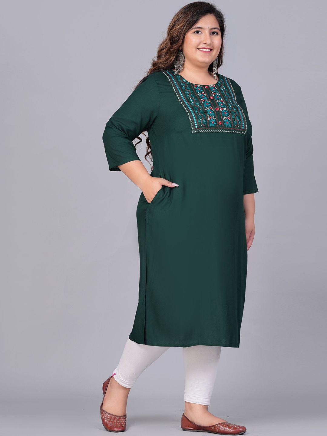 Sztori Plus Size Embroidered Yoke Design Round Neck Three-Quarter Sleeves Straight Kurta - Distacart