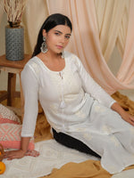 Thumbnail for Ode by House of Pataudi Floral Embroidered Tie-Up Neck Thread Work Straight Kurta - Distacart