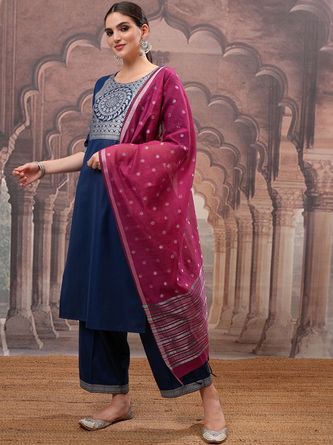 Vishudh Teal Ethnic Motifs Yoke Design Straight Kurta with Palazzo & Dupatta