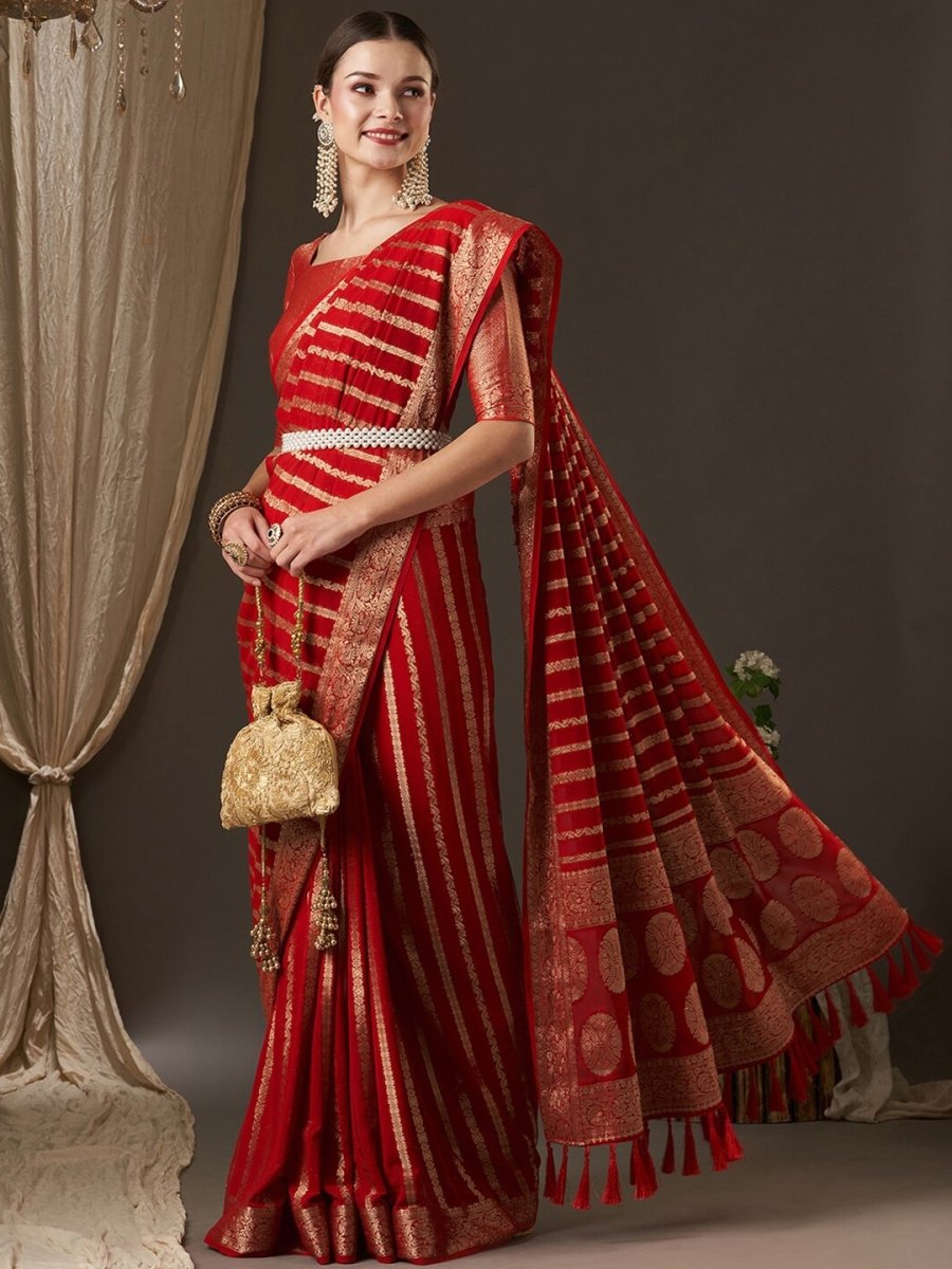 Anouk Red & Gold-Toned Woven Design Zari Pure Georgette Kanjeevaram Saree - Distacart