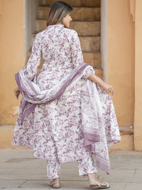 Thumbnail for Kalini Floral Printed V-Neck Thread Work Anarkali Cotton Kurta with Trousers & Dupatta - Distacart