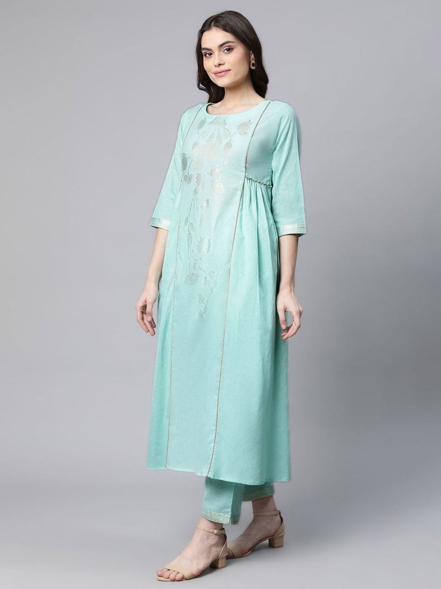 Ahalyaa Women Sea Green Colour Pure Cotton Gold Foil Print Kurta Pant Set - Distacart