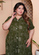 Thumbnail for Miravan Womens Plus Size Pure Cotton Floral Printed Green Button Down A-Line Midi Dress - Distacart