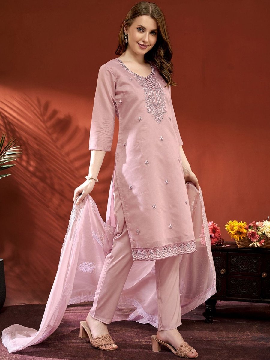 Anouk Pink Ethnic Motifs Embroidered Thread Work Straight Kurta With Trousers &Dupatta - Distacart