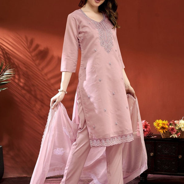 Anouk Pink Ethnic Motifs Embroidered Thread Work Straight Kurta With Trousers &Dupatta - Distacart