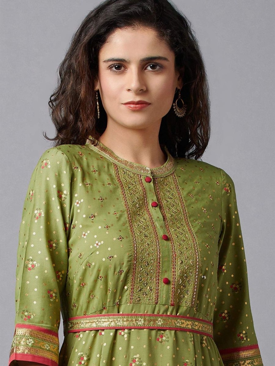 AURELIA Green & Pink Ethnic Motifs Ethnic A-Line Midi Dress - Distacart