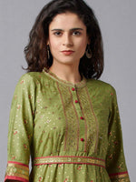 Thumbnail for AURELIA Green & Pink Ethnic Motifs Ethnic A-Line Midi Dress