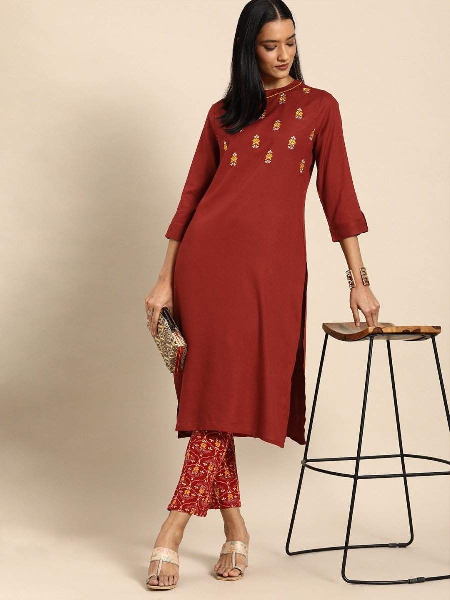 All About You Women Red Floral Embroidered Regular Thread Work Kurta with Trousers - Distacart