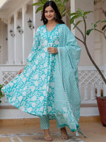 Thumbnail for Anouk Blue Floral Printed V-Neck Aari Work Flared Pure Cotton Anarkali Kurta Set