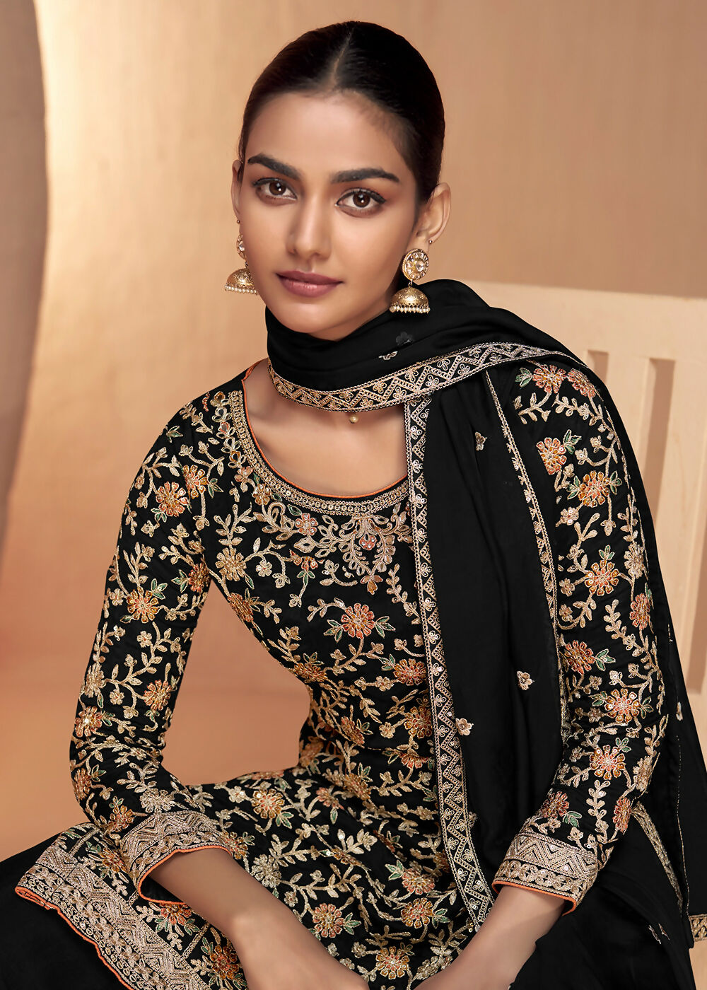 Black Real Chinnon Embroidered Wedding Festive Palazzo Suit - Emponline - Distacart