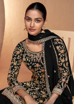 Thumbnail for Black Real Chinnon Embroidered Wedding Festive Palazzo Suit - Emponline - Distacart