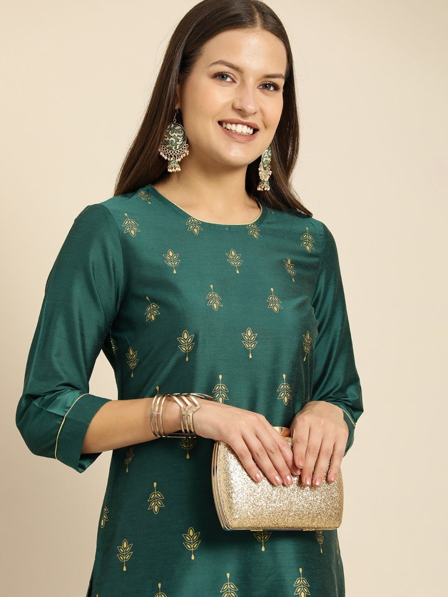 All About You Women Teal Green Ethnic Motifs Kurta with Trousers - Distacart