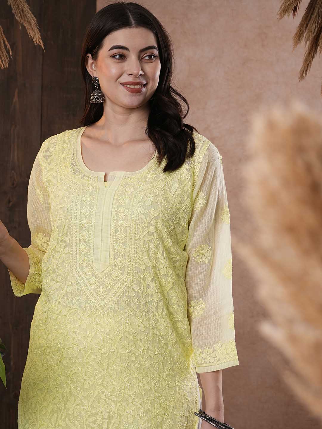 ADA Women Yellow & White Hand Embroidered Chikankari Sustainable Kota Handloom Kurta With Matching Slip - Distacart
