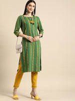 Thumbnail for All About You Women Green Ethnic Motifs Printed Kurta with Mustard Yellow Trousers - Distacart