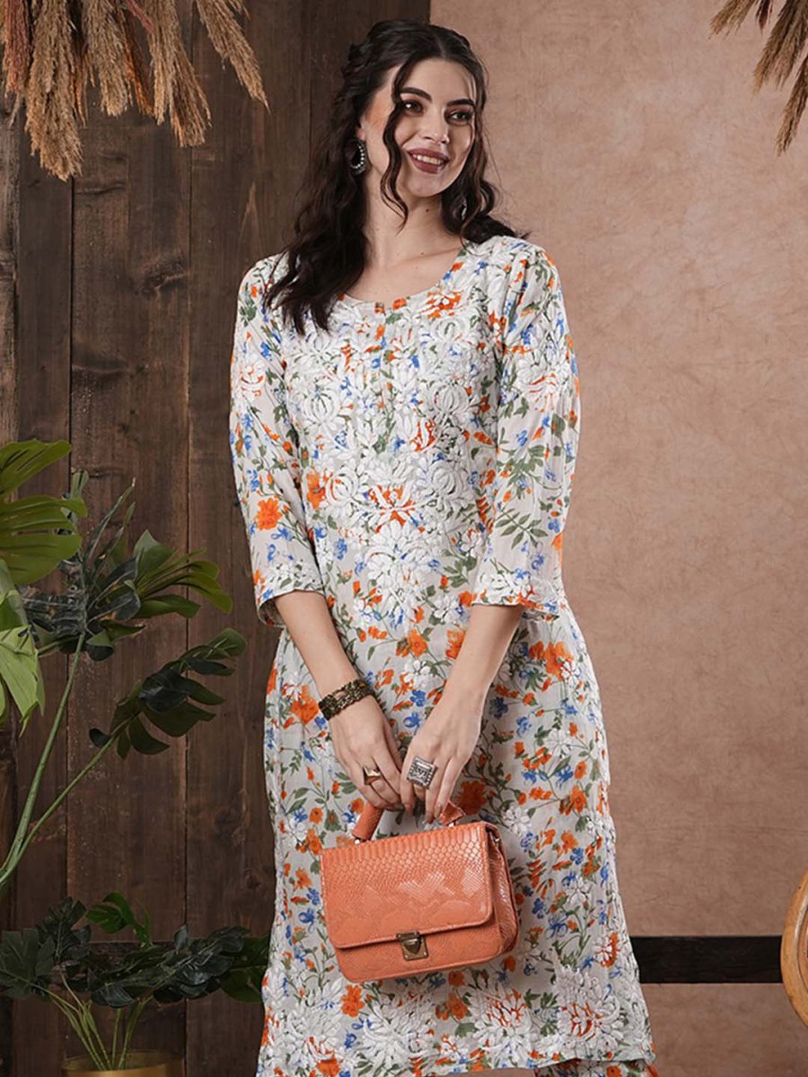 ADA Floral Printed Round Neck Regular Lucknowi Chikankari Kurta with Trousers - Distacart