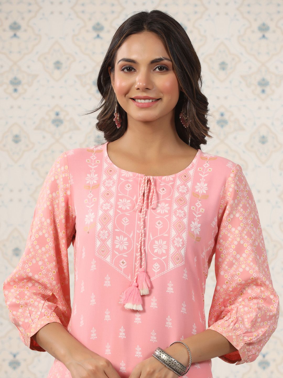 Ode by House of Pataudi Ethnic Motif Printed Tie Up Neck A-Line Kurta With Trousers - Distacart