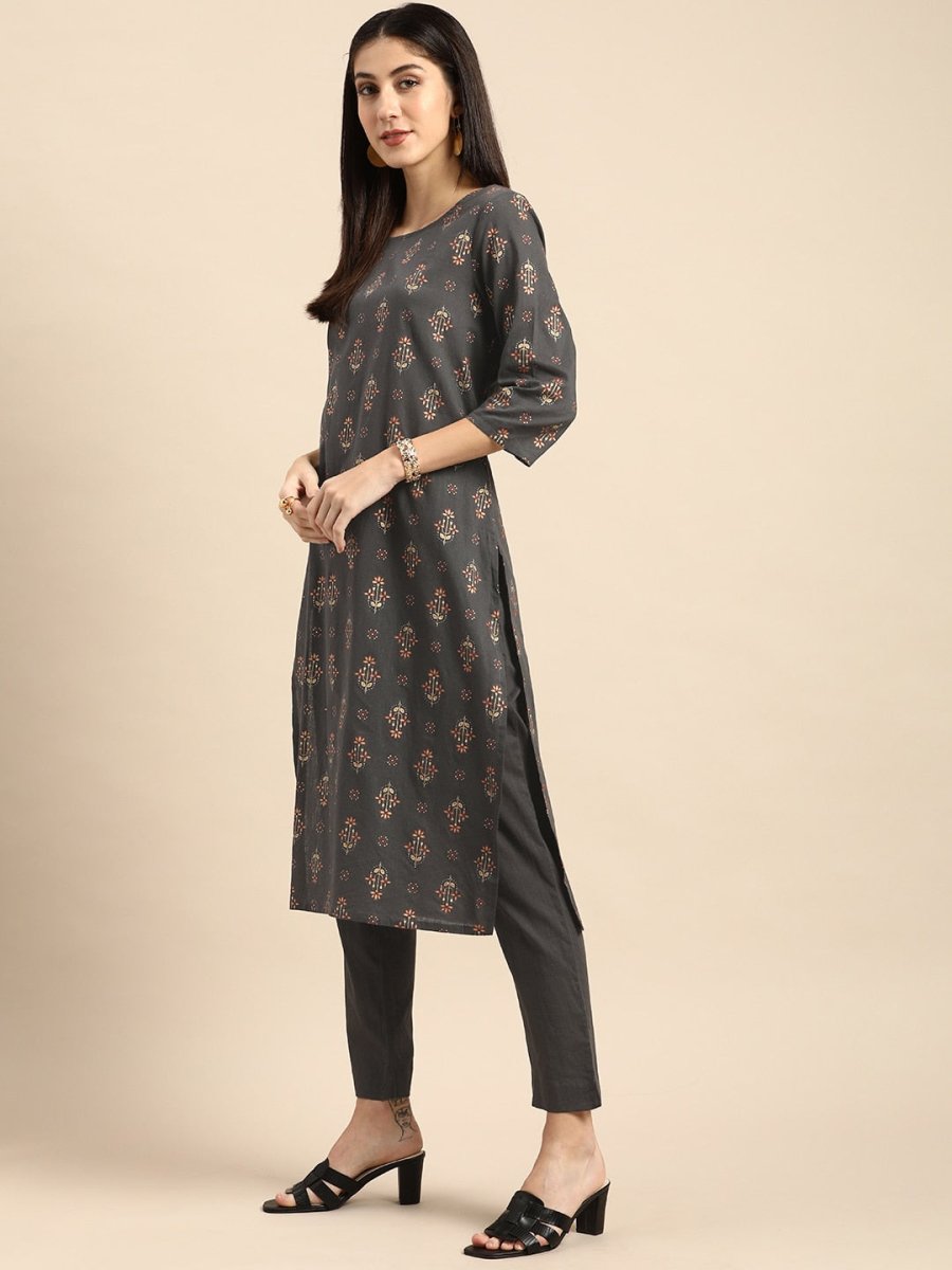 All About You Women Grey Ethnic Motifs Printed Pure Cotton Kurta with Trousers - Distacart