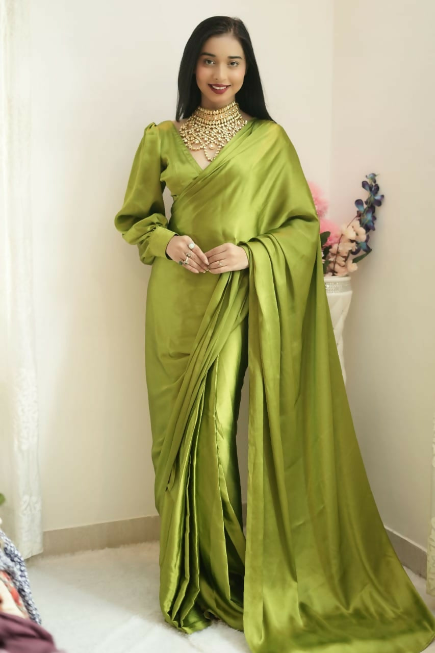Malishka Satin Silk Solid Ready To Wear Saree With Blouse Piece - Green - Distacart