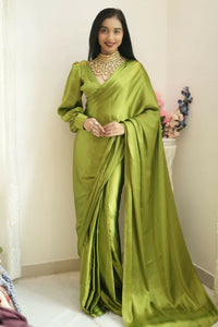 Thumbnail for Malishka Satin Silk Solid Ready To Wear Saree With Blouse Piece - Green - Distacart