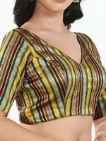 Thumbnail for Joban Fashion Green Multi Brocade Padded Blouse With V Neck Elbow Sleeves - Distacart