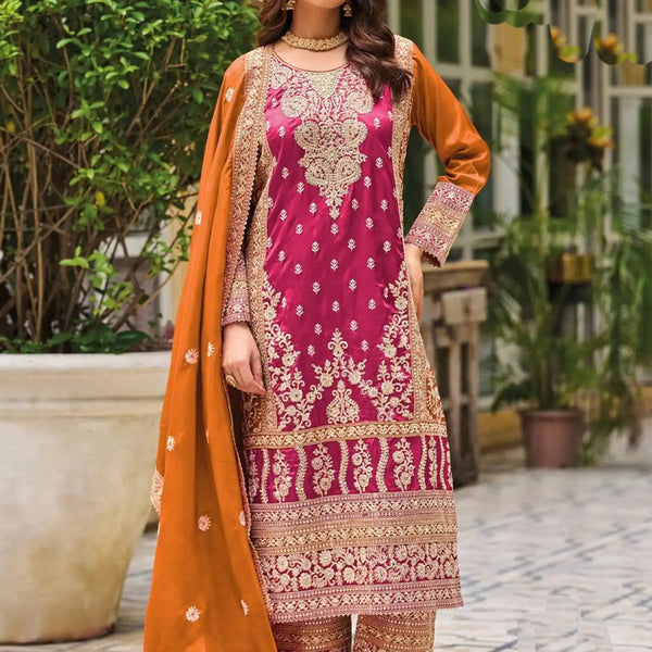 Vegaa Fashion Pink Chinon Silk Embroidered Designer Palazzo Suit
