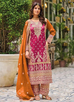 Thumbnail for Vegaa Fashion Pink Chinon Silk Embroidered Designer Palazzo Suit
