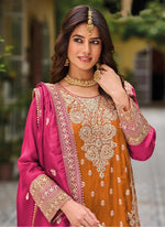 Thumbnail for Vegaa Fashion Orange Chinon Silk Embroidered Designer Palazzo Suit - Distacart