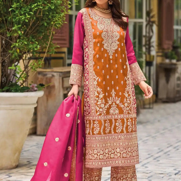 Vegaa Fashion Orange Chinon Silk Embroidered Designer Palazzo Suit - Distacart
