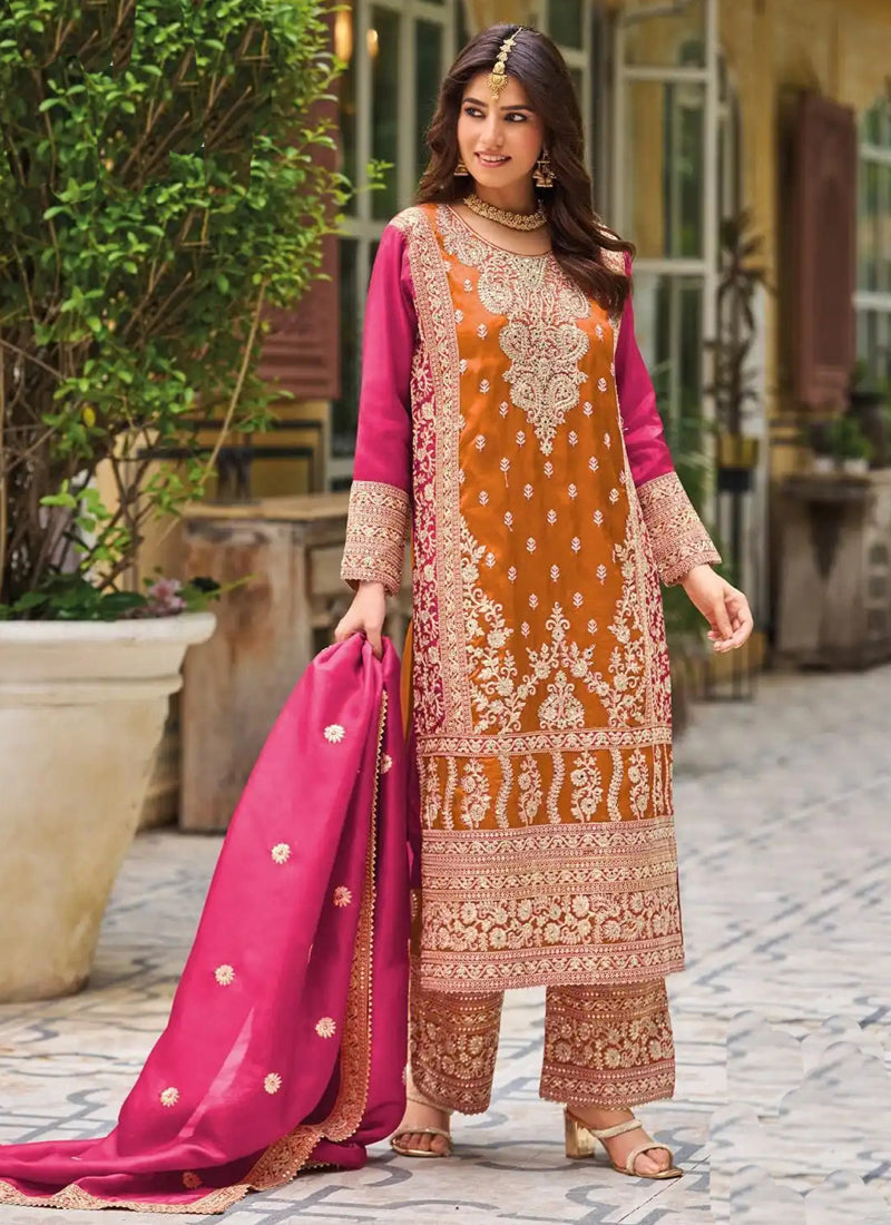 Vegaa Fashion Orange Chinon Silk Embroidered Designer Palazzo Suit