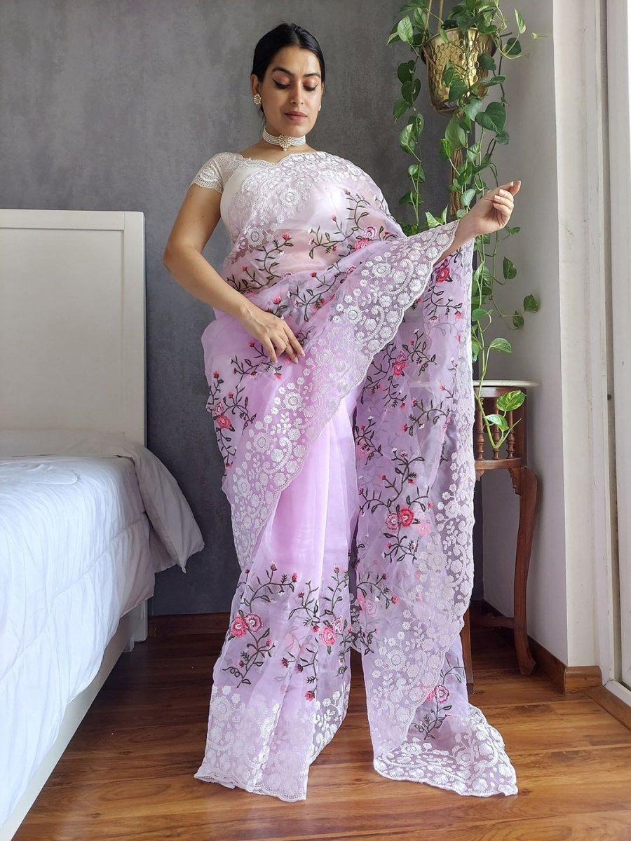 Anouk Lavender Floral Embroidered Organza Saree - Distacart