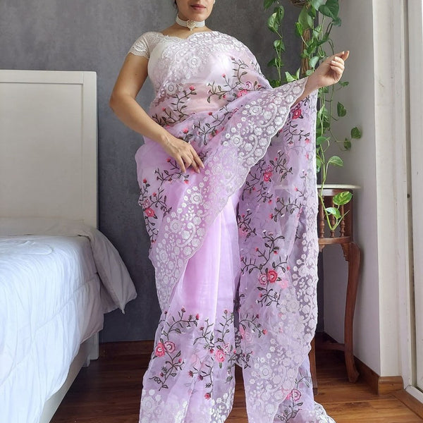 Anouk Lavender Floral Embroidered Organza Saree - Distacart