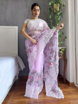 Anouk Lavender Floral Embroidered Organza Saree - Distacart