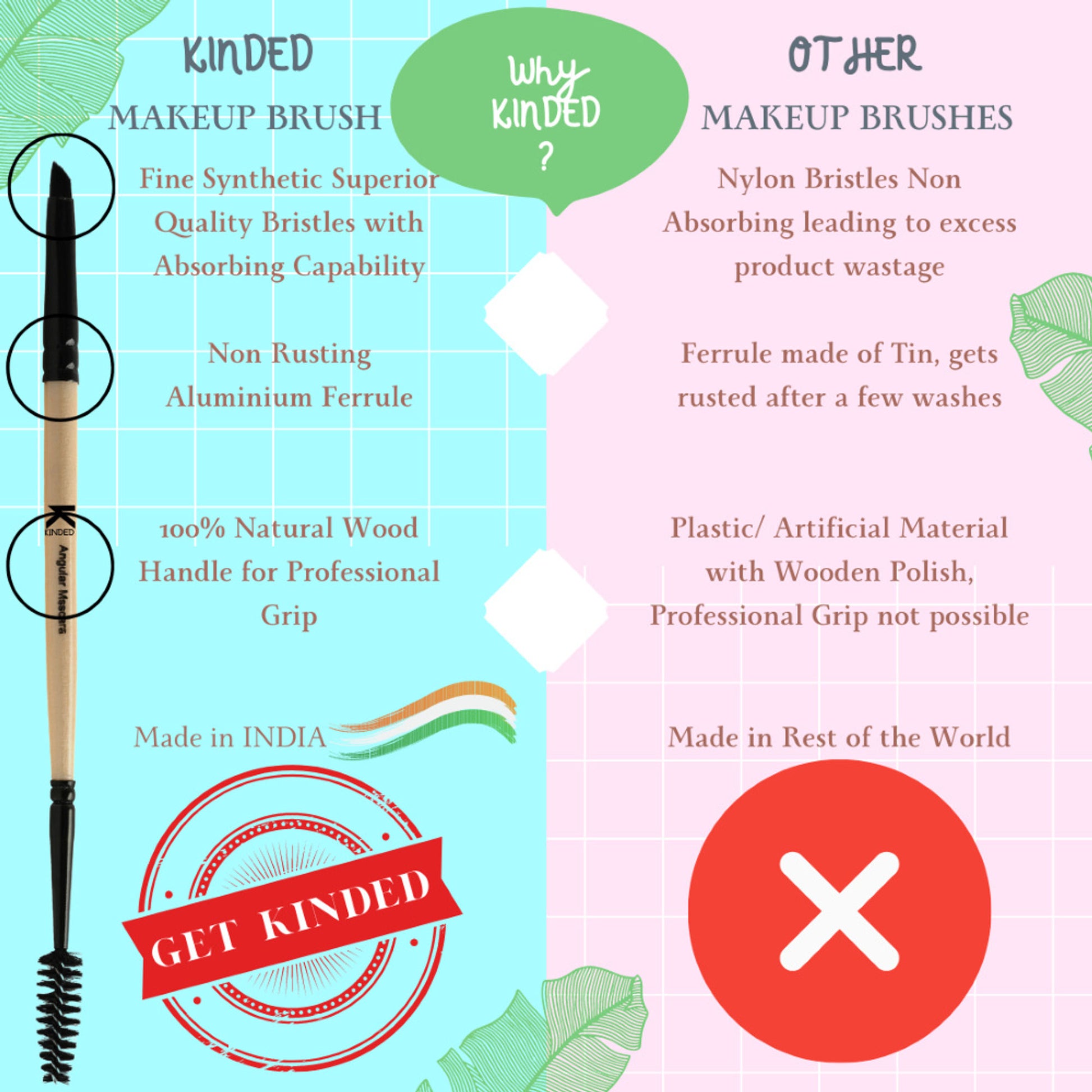 KINDED Professional Natural Wooden Handle 2 in 1 Masaca & Angular Makeup Brush
