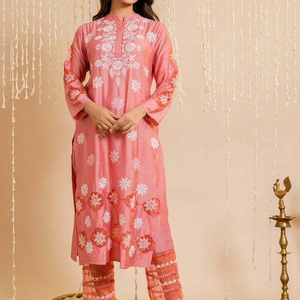 HOUSE OF KARI Ethnic Motifs Embroidered Chikankari Straight Chanderi Silk Kurta - Distacart