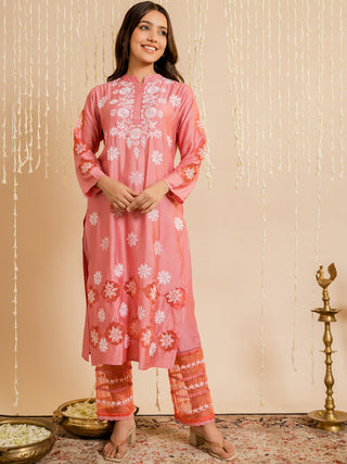 HOUSE OF KARI Ethnic Motifs Embroidered Chikankari Straight Chanderi Silk Kurta - Distacart