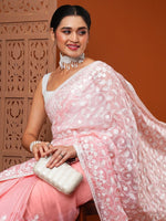 Thumbnail for Anouk Pink & White Floral Embroidered Organza Saree - Distacart