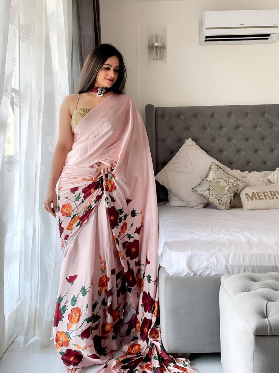 Anouk Beige & Red Floral Satin Saree - Distacart