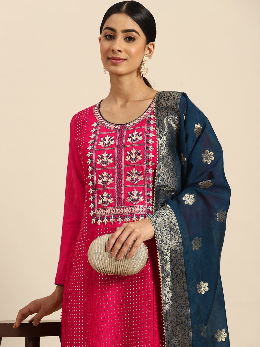 All About You Ethnic Motifs Embroidered Chanderi Silk Kurta with Trousers & With Dupatta - Distacart
