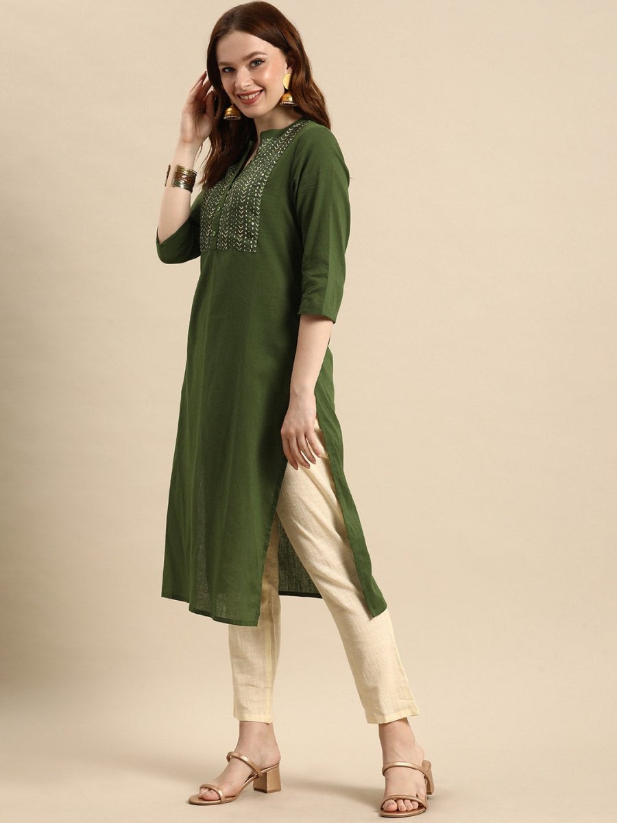 All About You Women Olive Green Geometric Yoke Design Pure Cotton Kurta - Distacart