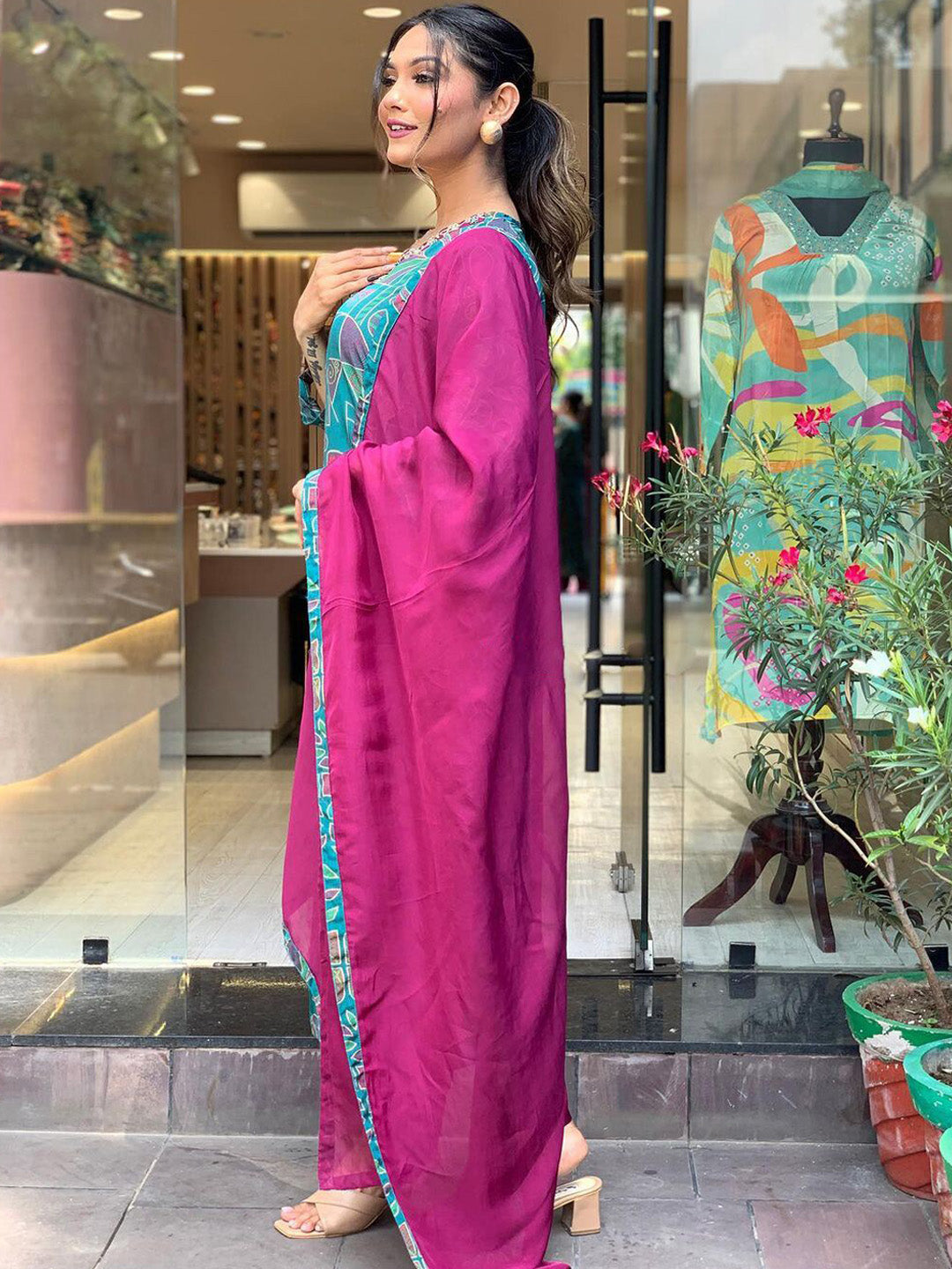 Kalini Floral Printed V-Neck Thread Work Regular Kurta With Trousers & Dupatta - Distacart
