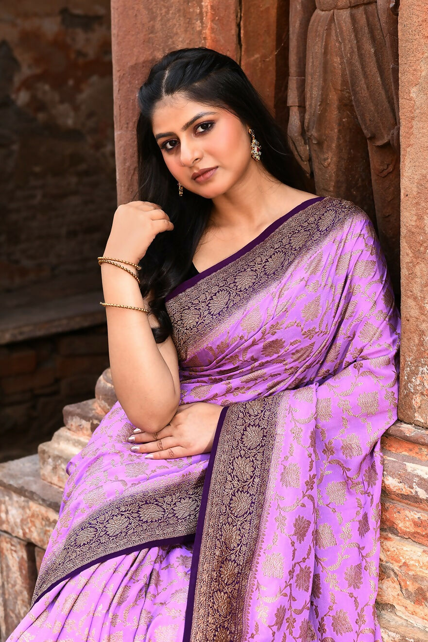 Joban Fashion Lavender Crepe Chiffon Pure Handloom Banarasi Silk Saree