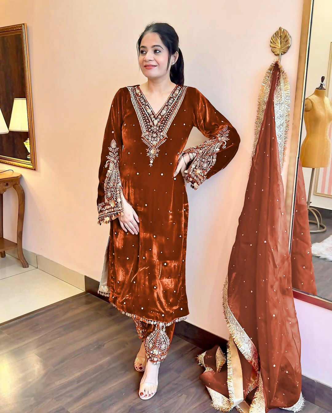 Joban Fashion Rust Brown Velvet Embroidery Kurta Set