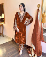 Thumbnail for Joban Fashion Rust Brown Velvet Embroidery Kurta Set