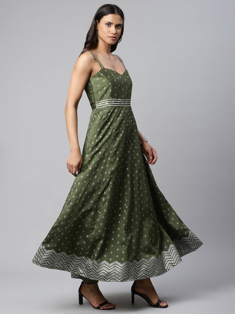 Ahalyaa Women Olive Poly Silk Silver Foil Printed Dress - Distacart