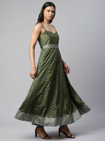 Thumbnail for Ahalyaa Women Olive Poly Silk Silver Foil Printed Dress - Distacart