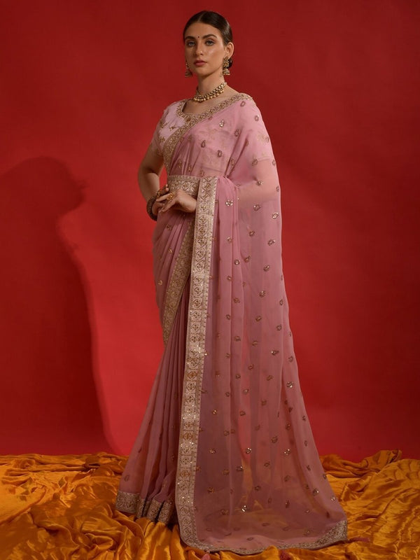 Anouk Pink & Gold-Toned Paisley Sequinned Pure Georgette Saree - Distacart