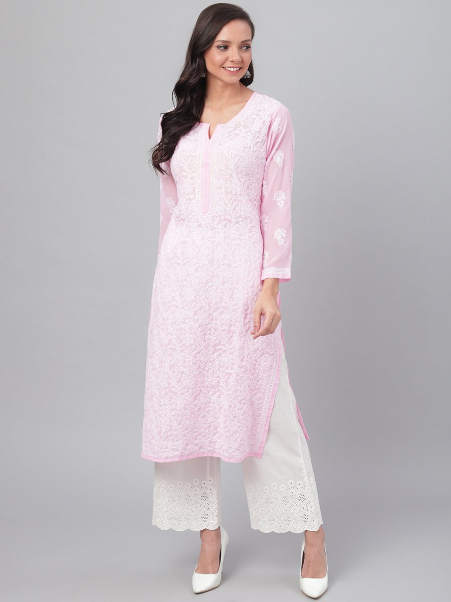 ADA Women Pink & White Chikankari Hand Embroidered Straight Sustainable Handloom Kurta - Distacart