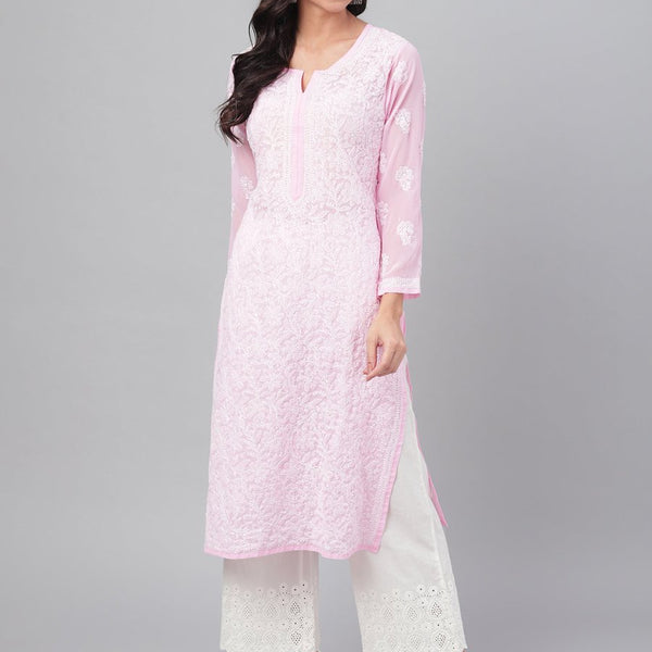 ADA Women Pink & White Chikankari Hand Embroidered Straight Sustainable Handloom Kurta - Distacart