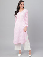 Thumbnail for ADA Women Pink & White Chikankari Hand Embroidered Straight Sustainable Handloom Kurta - Distacart